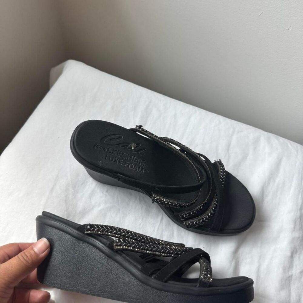 Skechers Cali Luxe Foam Black Braided Wedge Sandals Size 6